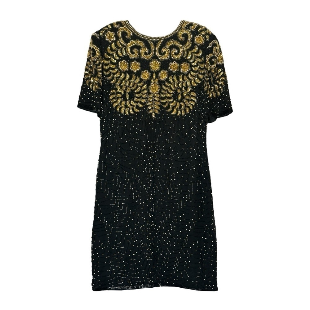 Laurence Kazar Vintage 80s Beaded Silk Dress Black Gold L Cocktail Party Glam NY
